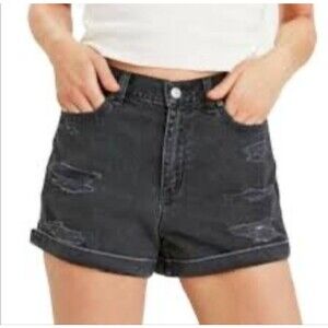 Forever 21 Cuffed Distressed Shorts Women Size 28 Black Mid Rise Denim Shorts